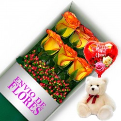 CAJA DE 6 ROSAS CIRCUS MAS PELUCHE Y GLOBO DÍA DE LA MADRE