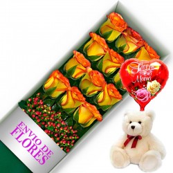 CAJA DE 12 ROSAS CIRCUS MAS PELUCHE Y GLOBO DÍA DE LA MADRE