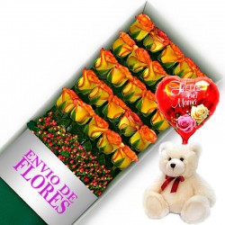 CAJA DE 24 ROSAS CIRCUS MAS PELUCHE Y GLOBO DÍA DE LA MADRE