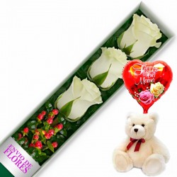 CAJA DE 3 ROSAS BLANCAS MAS PELUCHE Y GLOBO DÍA DE LA MADRE