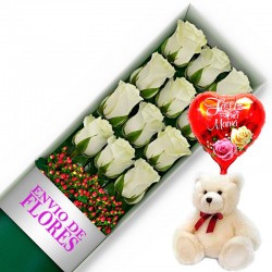 CAJA DE 12 ROSAS BLANCAS MAS PELUCHE Y GLOBO DÍA DE LA MADRE