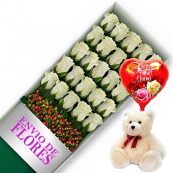CAJA DE 24 ROSAS BLANCAS MAS PELUCHE Y GLOBO DÍA DE LA MADRE