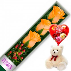 CAJA DE 3 ROSAS DAMASCO MAS PELUCHE Y GLOBO DÍA DE LA MADRE