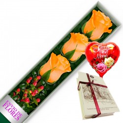 CAJA DE 3 ROSAS DAMASCO MAS CHOCOLATE Y GLOBO DÍA DE LA MADRE