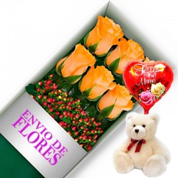CAJA DE 6 ROSAS DAMASCO MAS PELUCHE Y GLOBO DÍA DE LA MADRE