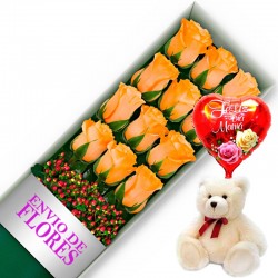 CAJA DE 12 ROSAS DAMASCO MAS PELUCHE Y GLOBO DÍA DE LA MADRE