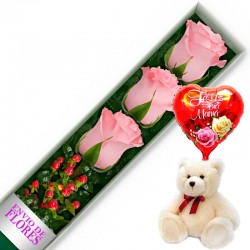 CAJA DE 3 ROSAS ROSADAS MAS PELUCHE Y GLOBO DÍA DE LA MADRE