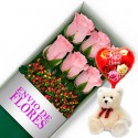 CAJA DE 6 ROSAS ROSADAS MAS PELUCHE Y GLOBO DÍA DE LA MADRE