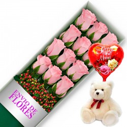 CAJA DE 12 ROSAS ROSADAS MAS PELUCHE Y GLOBO DÍA DE LA MADRE