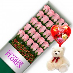 CAJA DE 24 ROSAS ROSADAS MAS PELUCHE Y GLOBO DÍA DE LA MADRE
