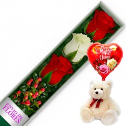 CAJA DE 3 ROSAS ROJAS Y BLANCAS MAS PELUCHE Y GLOBO DÍA DE LA MADRE
