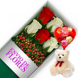 CAJA DE 6 ROSAS ROJAS Y BLANCAS MAS PELUCHE Y GLOBO DÍA DE LA MADRE