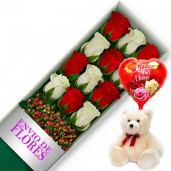 CAJA DE 12 ROSAS ROJAS Y BLANCAS MAS PELUCHE Y GLOBO DÍA DE LA MADRE