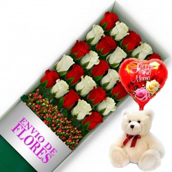 CAJA DE 24 ROSAS ROJAS Y BLANCAS MAS PELUCHE Y GLOBO DÍA DE LA MADRE