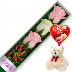 CAJA DE 3 ROSAS ROSADAS Y BLANCAS MAS PELUCHE Y GLOBO DÍA DE LA MADRE