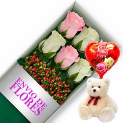 CAJA DE 6 ROSAS ROSADAS Y BLANCAS MAS PELUCHE Y GLOBO DÍA DE LA MADRE