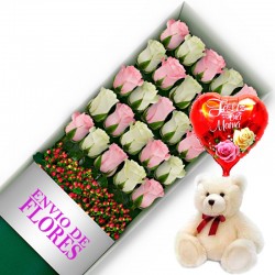 CAJA DE 24 ROSAS ROSADAS Y BLANCAS MAS PELUCHE Y GLOBO DÍA DE LA MADRE