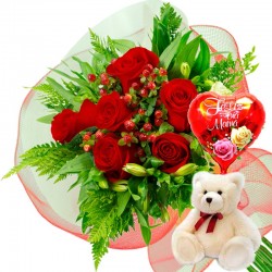 RAMO 6 ROSAS ROJAS MAS PELUCHE Y GLOBO DÍA DE LA MADRE