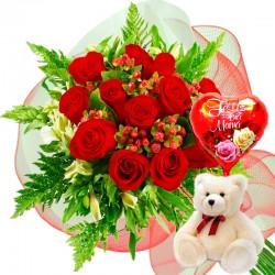 RAMO 12 ROSAS ROJAS MAS PELUCHE Y GLOBO DÍA DE LA MADRE