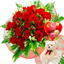 RAMO 24 ROSAS ROJAS MAS PELUCHE Y GLOBO DÍA DE LA MADRE