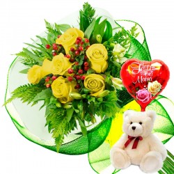 RAMO 6 ROSAS AMARILLAS MAS PELUCHE Y GLOBO DÍA DE LA MADRE