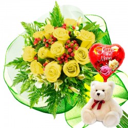RAMO 12 ROSAS AMARILLAS MAS PELUCHE Y GLOBO DÍA DE LA MADRE