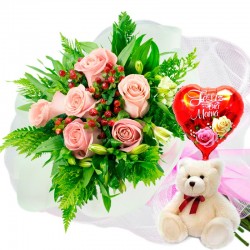 RAMO 6 ROSAS ROSADAS MAS PELUCHE Y GLOBO DÍA DE LA MADRE