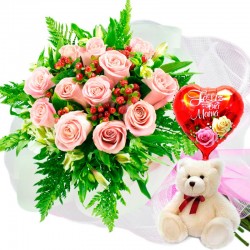 RAMO 12 ROSAS ROSADAS MAS PELUCHE Y GLOBO DÍA DE LA MADRE