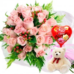 RAMO 24 ROSAS ROSADAS MAS PELUCHE Y GLOBO DÍA DE LA MADRE