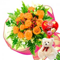 RAMO 12 ROSAS DAMASCO MAS PELUCHE Y GLOBO DÍA DE LA MADRE