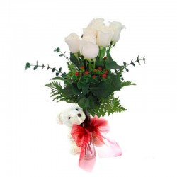 Florero con 6 Rosas Blancas + Peluche
