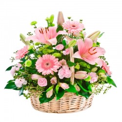 Cesta de Flores Grande con  Gerberas y Liliums Rosadas