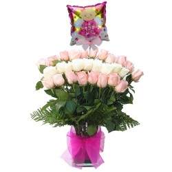 Florero con 24 Rosas Blancas y Rosadas para Nacimiento con Globo Para Ñiña