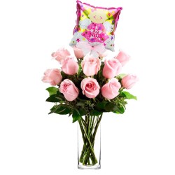 Florero Nacimiento con 12 Rosas Rosadas más Globo es una Niña
