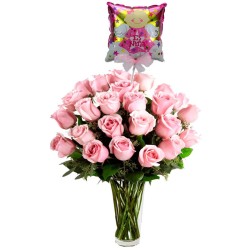 Florero Nacimiento con 24 Rosas Rosadas más Globo es una Niña
