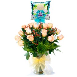 Florero Nacimiento con 24 Rosas Damasco más Globo es un Niño