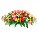 Cubre Urna para Condolencias en Forma de Ovalo con 24 rosas rojas y 20 varas de Liliums multicolores