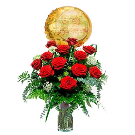 Flores Para Aniversario 12 Rosas Rojas con Globo