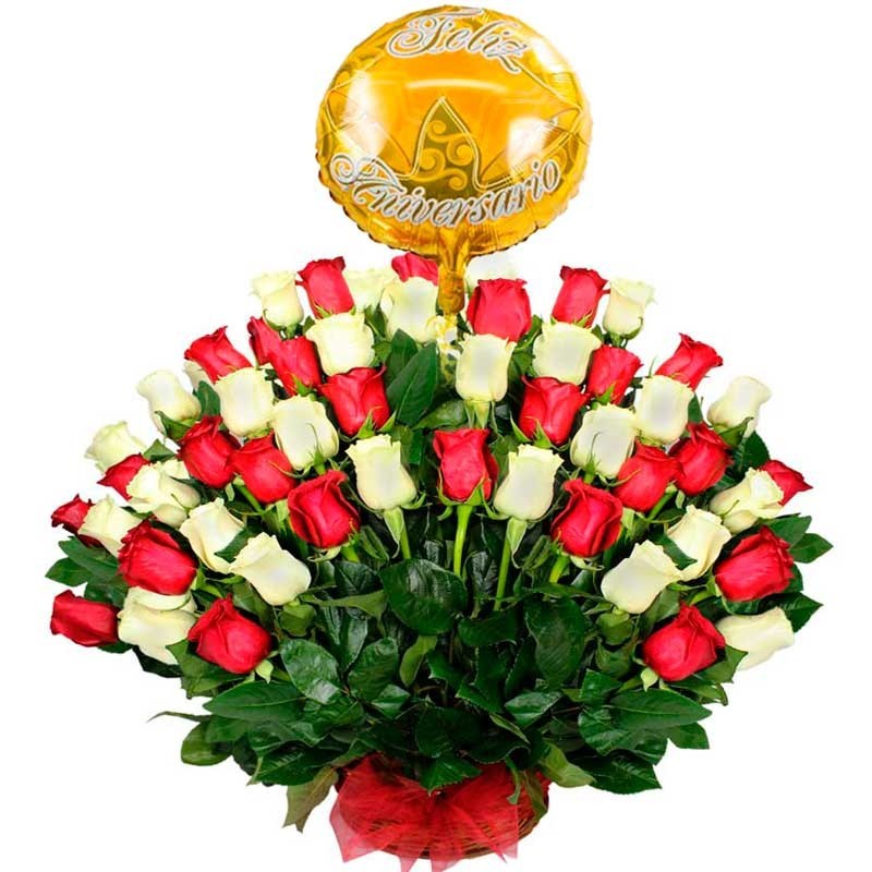 Canastillo para Aniversario 50 Rosas Blancas y Rojas