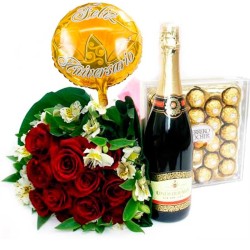 Ramo de 12 Rosas Rojas para Aniversario más Chocolates + Champagne + Globo 