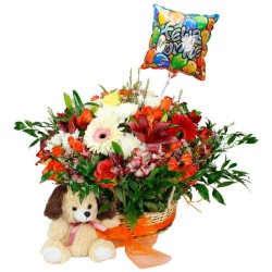 Canastillo de Cumpleaños con Rosas y Flores mix + Peluche y Globo 
