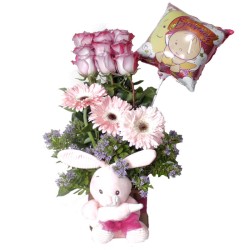 Canastillo Nacimiento 9 Rosas + Gerberas + Peluche + Globo es una Niña