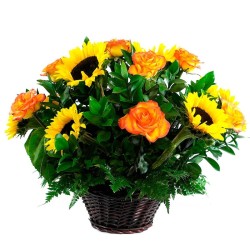 Cesta de 8 Rosas Circus y 10 Girasoles
