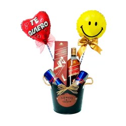 Cubeta 1 Whisky Johnnie Walker Red Label y 2 Energéticas Red Bull con 2 Globos