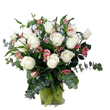 Florero 12 Rosas Blancas para Condolencias y Astromelias