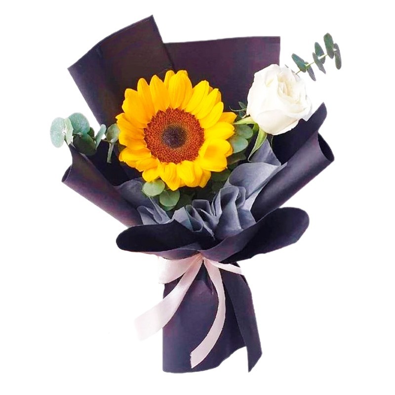 Ramo de 1 Girasol Más una Rosa y Eucalipto - Envio de Flores