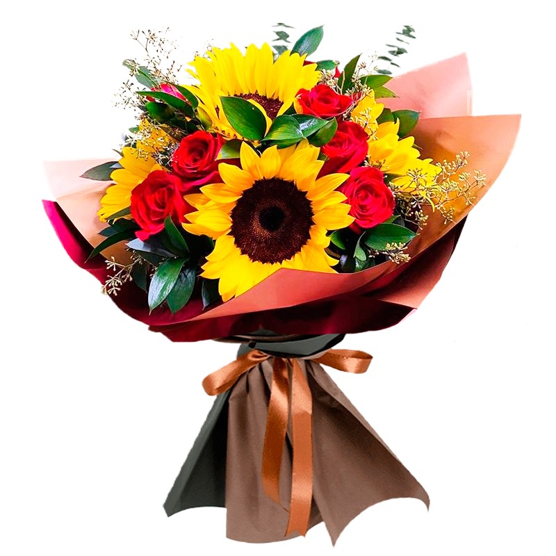 Ramo de 4 Girasoles Más 8 Rosas Rosadas - Envio de Flores