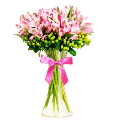 Florero con 30 Varas de Astromelias rosadas con Hipéricos Verdes