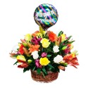 Cesta Para Cumpleaños 12 rosas más astromelias gerberas liliums y flores mix más con globo