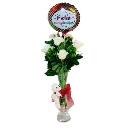 Florero para cumpleaños 6 rosas más Hipericos con Globo y Peluche